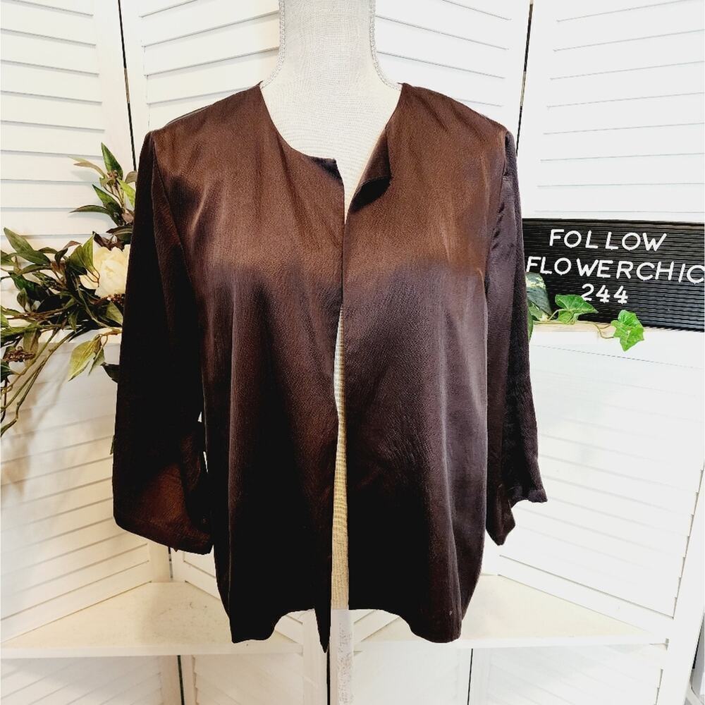 EILEEN FISHER BROWN SILK OPEN FRONT JACKET SIZE LARGE